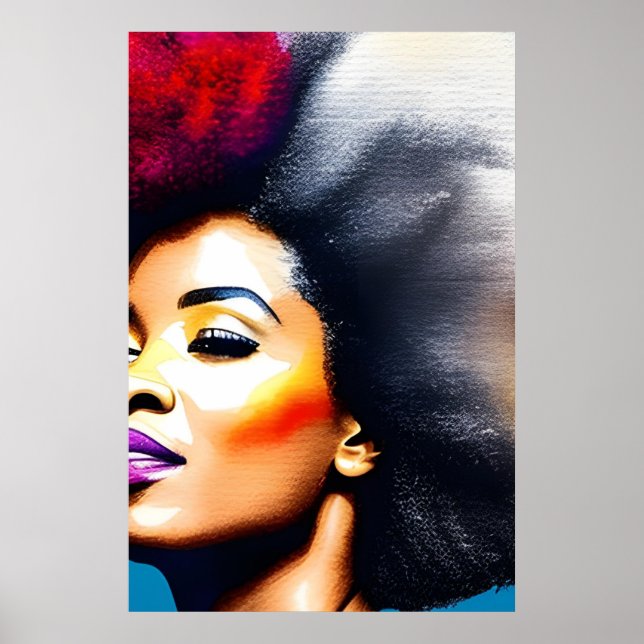 Black Afro Woman Watercolor Porträtt V Poster (Framsidan)