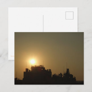Black against the golden glow of the setting sun. vykort