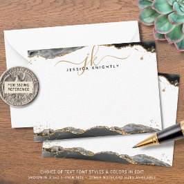 Black Agate Geode Script Monogram Guld Glitter Anteckningskort