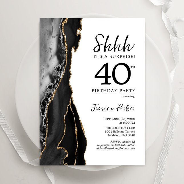 Black Agate Guld White Surprise 40:e födelsedagen Inbjudningar (Skapare uppladdad)
