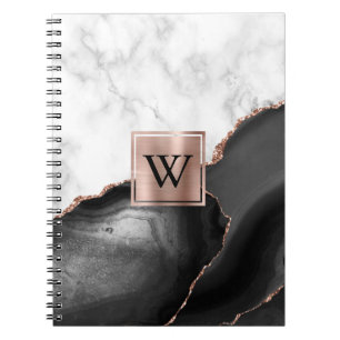 Black Agate Ro Guld White Marble Monogram Anteckningsbok