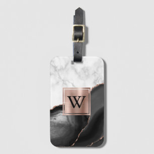 Black Agate Ro Guld White Marble Monogram Bagagebricka