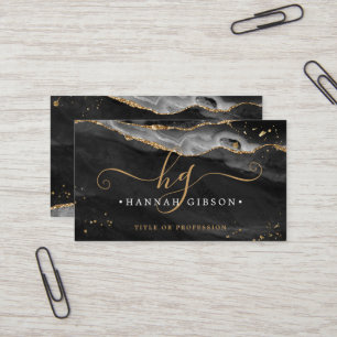 Black Agate Script Monogram Faux Guld Glitter Visitkort
