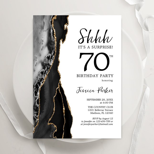 Black Agate White Guld Surprise 70:e födelsedagen Inbjudningar (Skapare uppladdad)