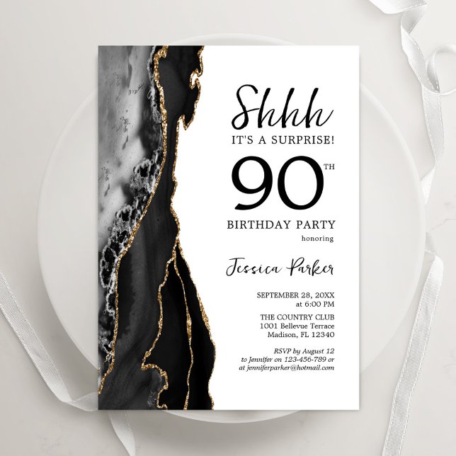 Black Agate White Guld Surprise 90:e födelsedag Inbjudningar (Skapare uppladdad)