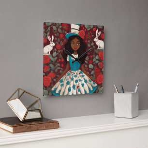 Black Alice i Wonderland Fyrkantig Klocka