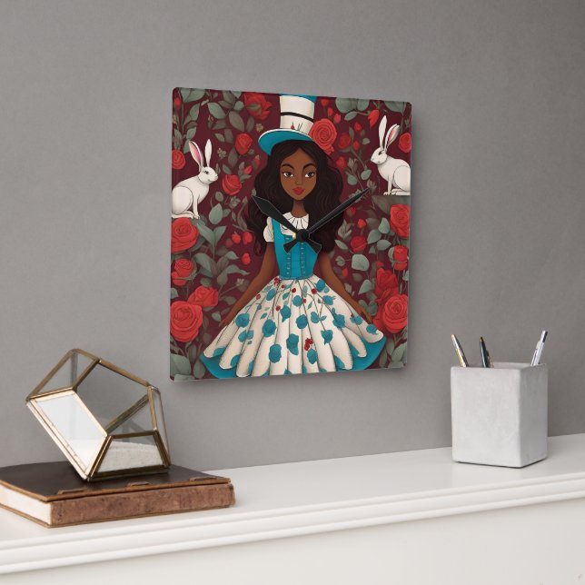 Black Alice i Wonderland Fyrkantig Klocka (Kontor)