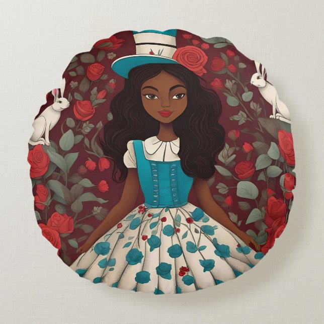 Black Alice i Wonderland Rund Kudde (Framsidan)