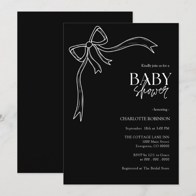 Black an White Bow Baby Shower Inbjudningar (Fram/baksida)