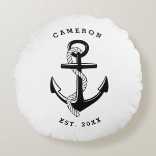 Black Anchor Nautical Personlig Rund Kudde