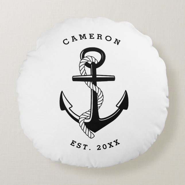 Black Anchor Nautical Personlig Rund Kudde (Framsidan)