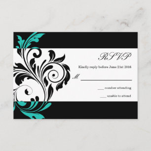 Black and Aqua Blommigt Swirl Bröllop OSA Kort