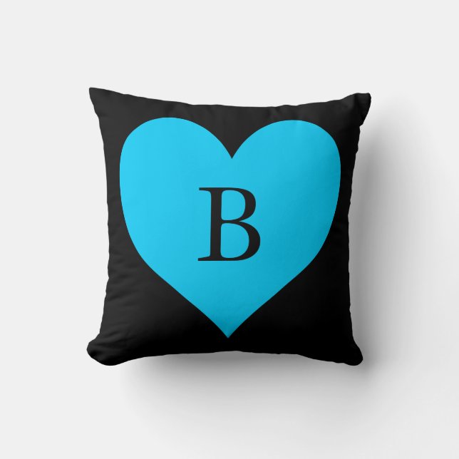 Black and Aqua Blue Heart Monogram Kudde (Framsida)