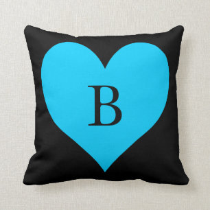 Black and Aqua Blue Heart Monogram Kudde