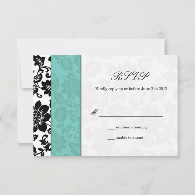 Black and Aqua Damask Wedding OSA Kort (Framsida)