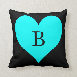 Black and Aqua Heart Monogram Kudde