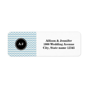 Black and Aqua Monogram Chevron Returadress Etikett