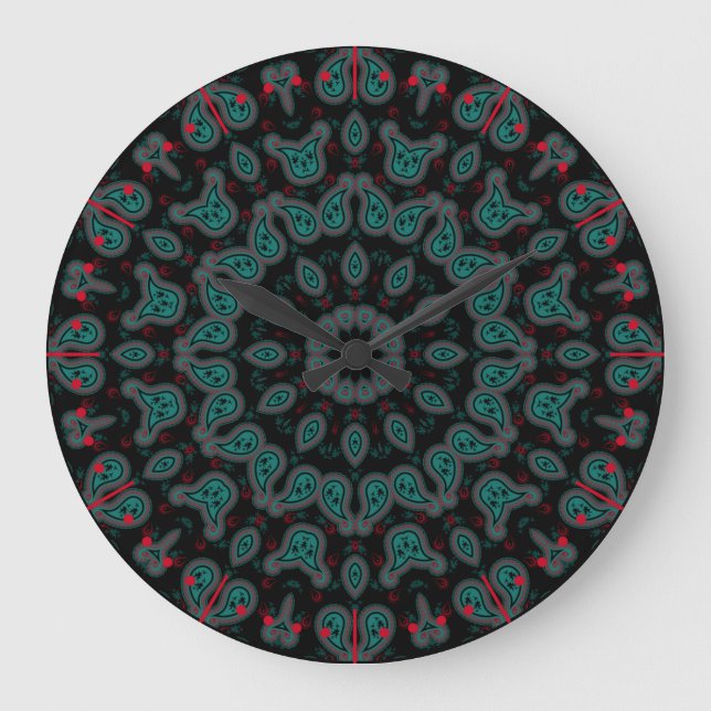 Black and Aqua Paisley Boho Mönster Stor Klocka (Framsida)