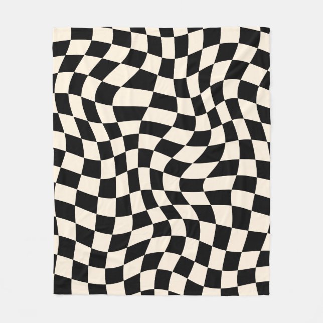 Black and Beige Psychedelic Checkered Groovy Grid Fleecefilt (Framsidan)