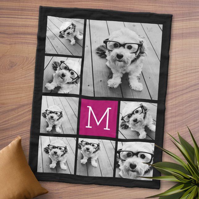Black and Berry 8 Photo Collage - CAN redigera FÄR Fleecefilt (Personalized Fleece Blanket - Add Photos and Text or Customize completely in advanced design area)