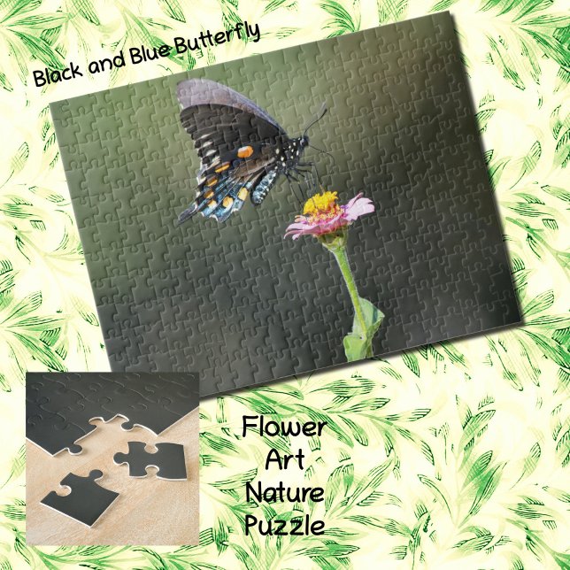 Black and Blue Butterfly and Flower Nature Puzzle Pussel (A black and blue Swallowtail butterfly on a Pink Zinnia flower as a fun puzzle.)