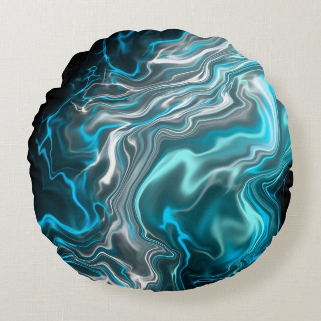 Black and Blue Marble Fluid Art Rund Kudde (Framsidan)