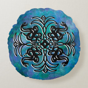 Black and Blue Tribal Snake Mandala Rund Kudde