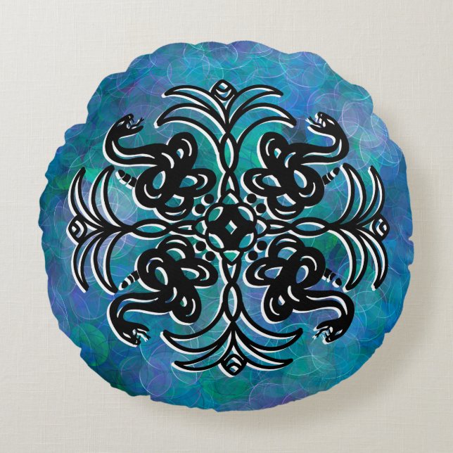 Black and Blue Tribal Snake Mandala Rund Kudde (Framsidan)