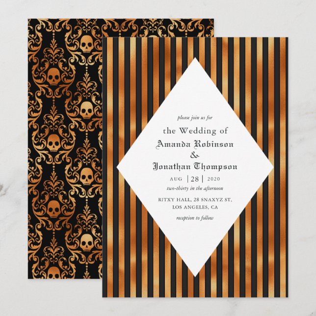 Black and Copper Döskallars Gothic Bröllop Inbjudningar (Fram/baksida)