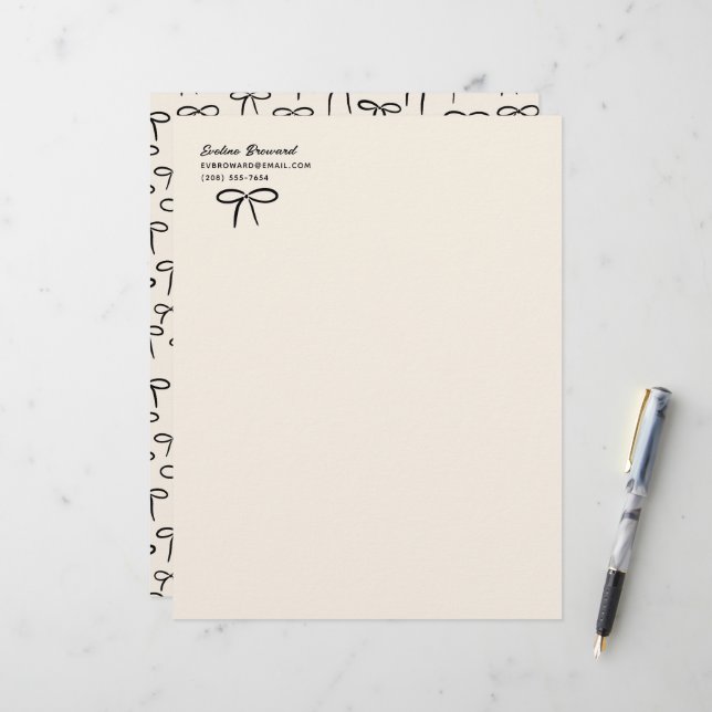 Black and Cream Simple Bows Personal Stationery Brevhuvud (Fram/Back In Situ)