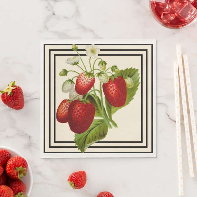 Black and Cream Strawberry Bröllop Napkins Pappersservett (Insitu)