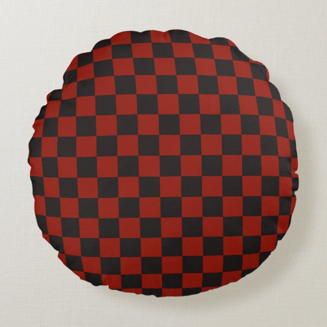 Black and Deep red checkerboard pattern Rund Kudde (Framsidan)