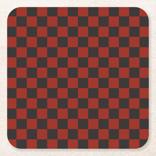 Black and Deep red checkerboard pattern Underlägg Papper Kvadrat (Framsidan)