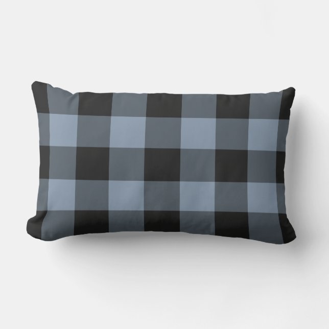 Black and Denim Blue Gingham Buffalo Check Mönster Lumbarkudde (Framsida)