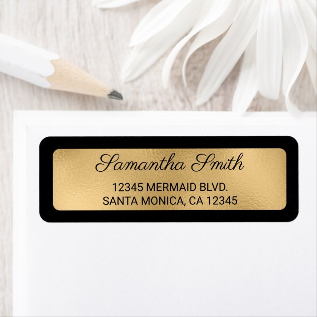 Black and Faux Gold Foil Overlay Returadress Etikett (Insitu)