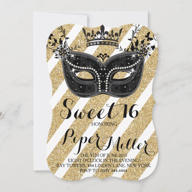 Black and Glitter Guld Masqueravaret Sweet 16 Inbjudningar (Framsida)