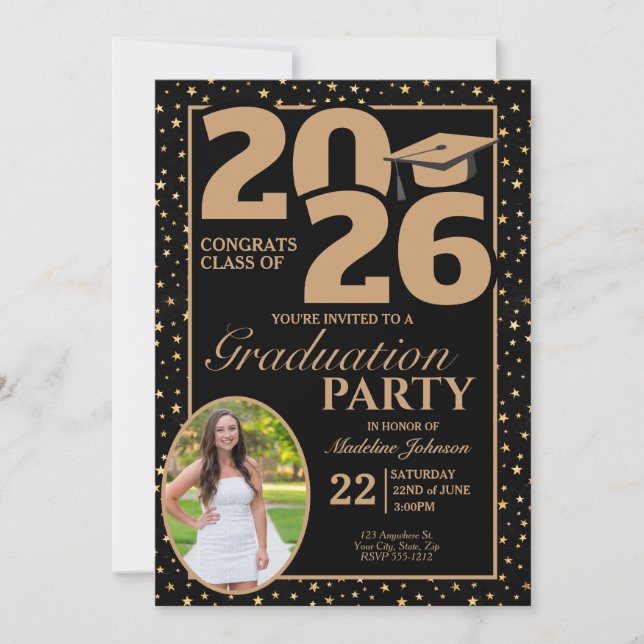 Black and Gold 2026 Photo Graduation Invitation Inbjudningar (Framsida)