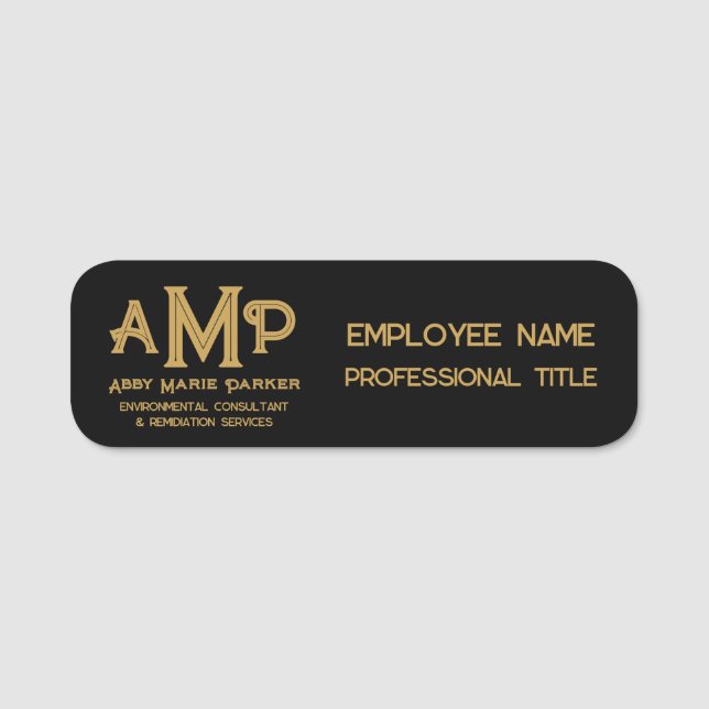 Black and Gold 3 Letter Monogram Business Employee Namnbricka (Framsida)