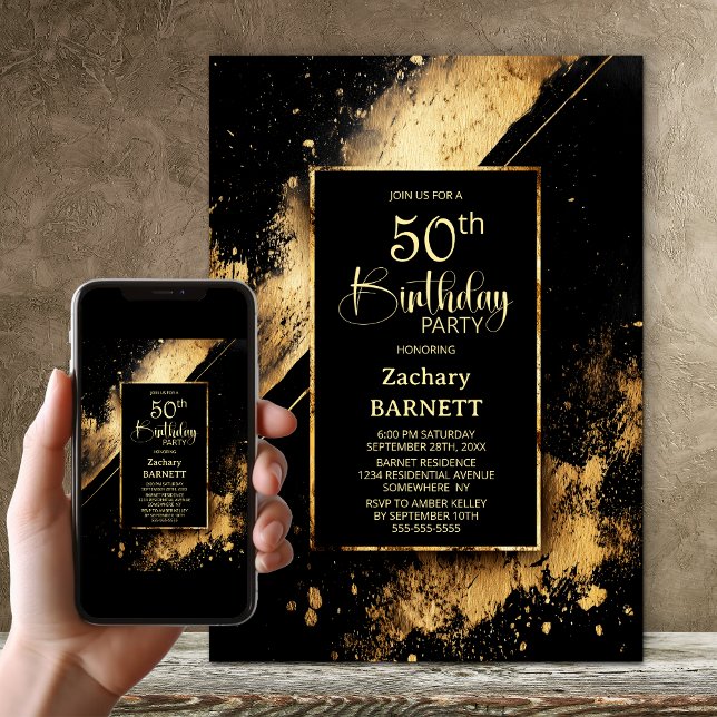 Black and Gold 50th Birthday Party Inbjudningar (Skapare uppladdad)