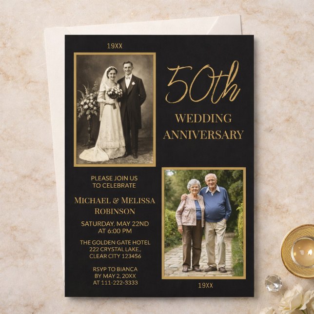 Black and Gold 50th Wedding Anniversary Design Inbjudningar (Skapare uppladdad)