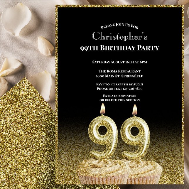 Black and Gold 99th Birthday Invitation For Him Inbjudningar (Skapare uppladdad)