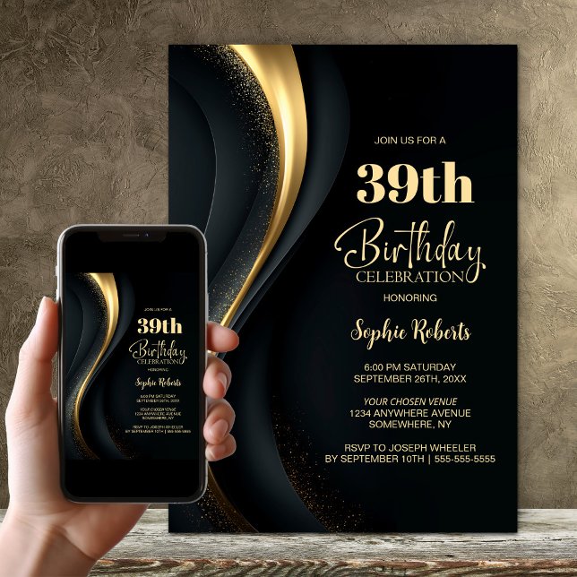 Black and Gold Any Age Birthday Party Inbjudningar (Skapare uppladdad)