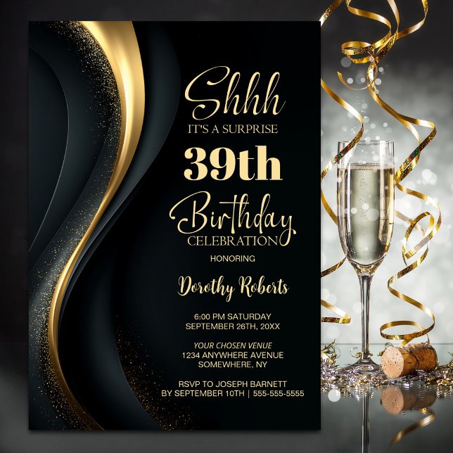 Black and Gold Any Age Surprise Birthday Party Inbjudningar (Skapare uppladdad)