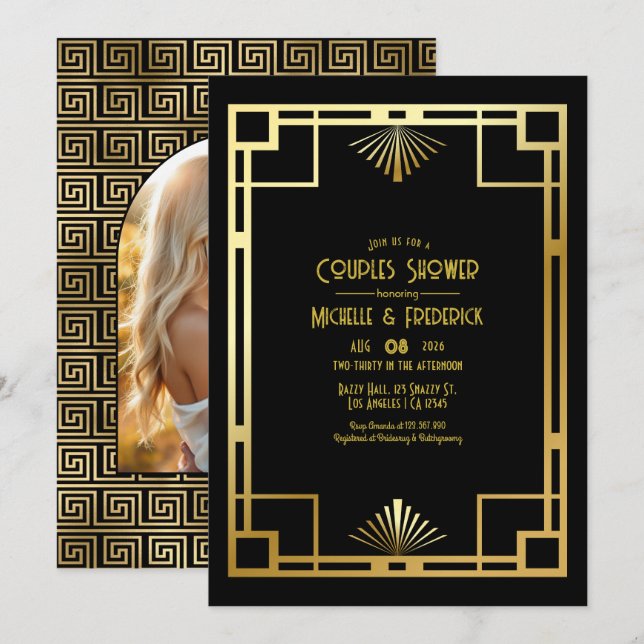 Black and Gold Art Deco Couples Shower Photo Inbjudningar (Fram/baksida)