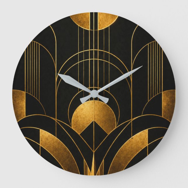 Black and Gold Art Deco Geometric Wall Clock Stor Klocka (Framsida)