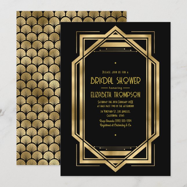 Black and Gold Art Deco Gold Bridal Shower Inbjudningar (Fram/baksida)