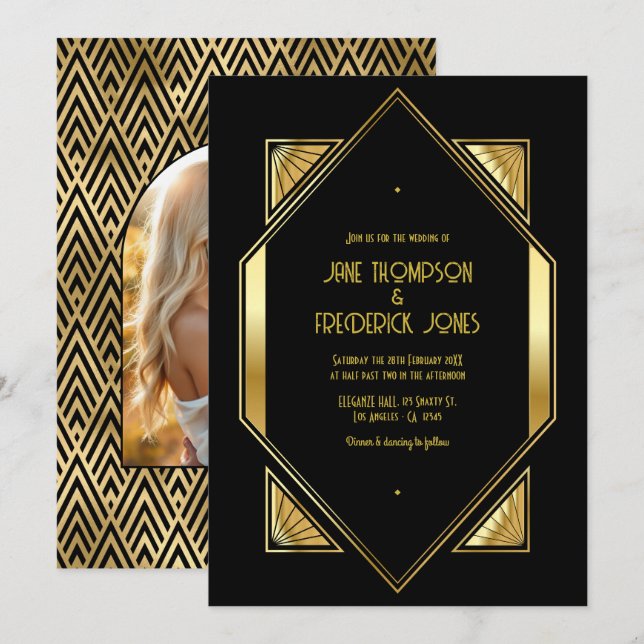 Black and Gold Art Deco Gold Wedding Photo Inbjudningar (Fram/baksida)