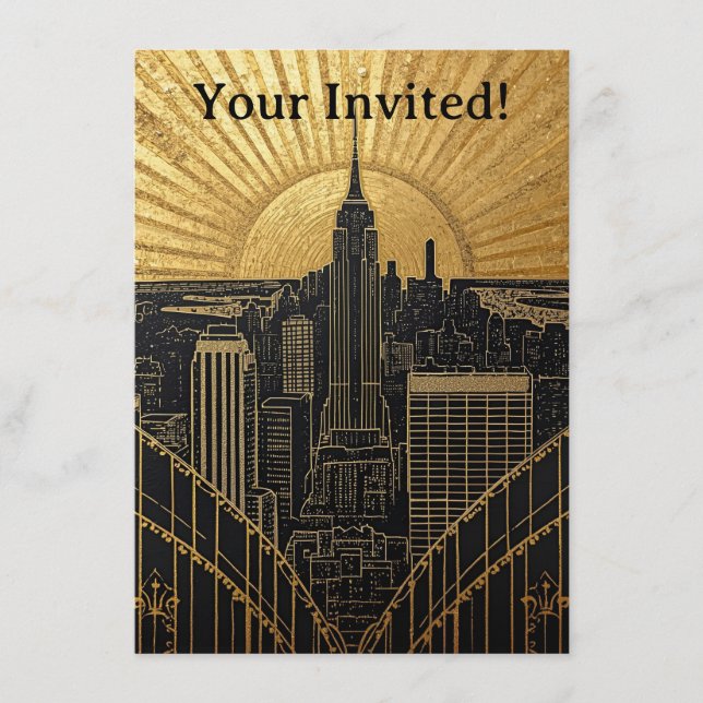 Black and Gold Art Deco Invitation Inbjudningar (Framsida)