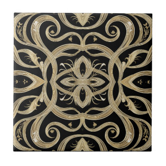 Black and Gold Art Deco Ornate Design Kakelplatta