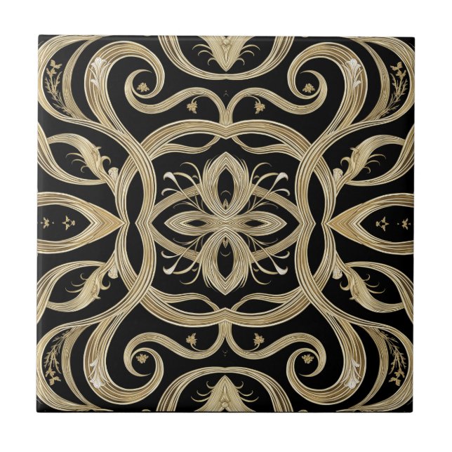 Black and Gold Art Deco Ornate Design Kakelplatta (Framsidan)
